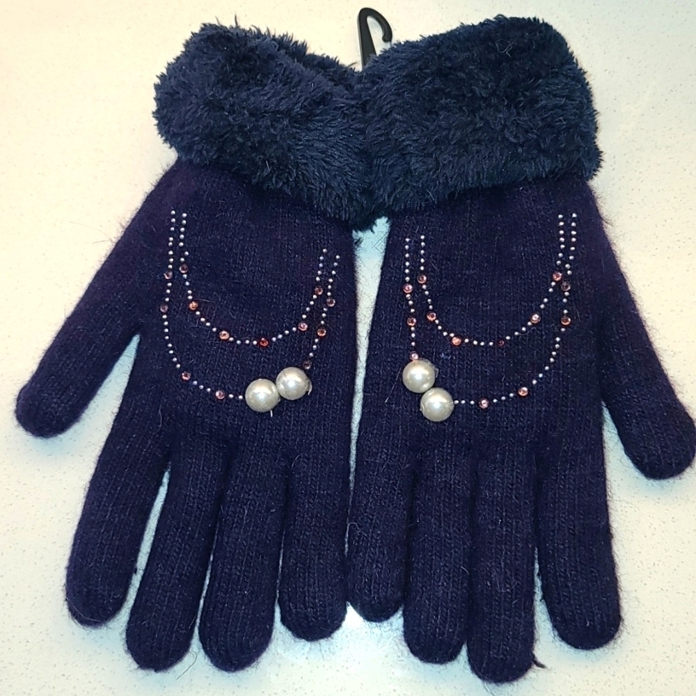 New Embellished knit gloves With Faux Fur Trim Plush Lining